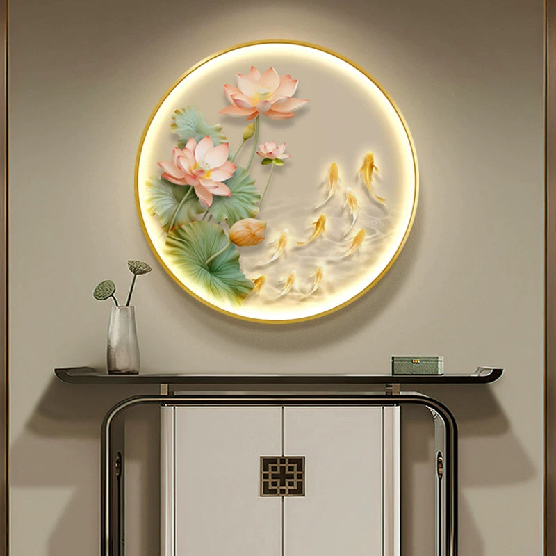 荷花九鱼图 荷鲤圆画