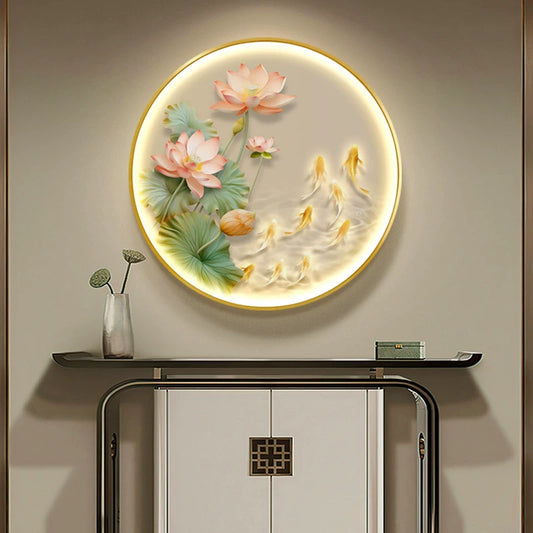 荷花九鱼图 荷鲤圆画